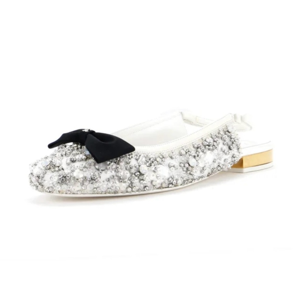 CHANEL White Crystal Embellished Slingback Ballet Flat with Black Bow